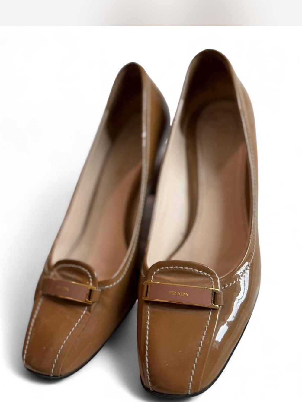 Prada Tan Patent Leather Loafers with Gold-Tone Accent